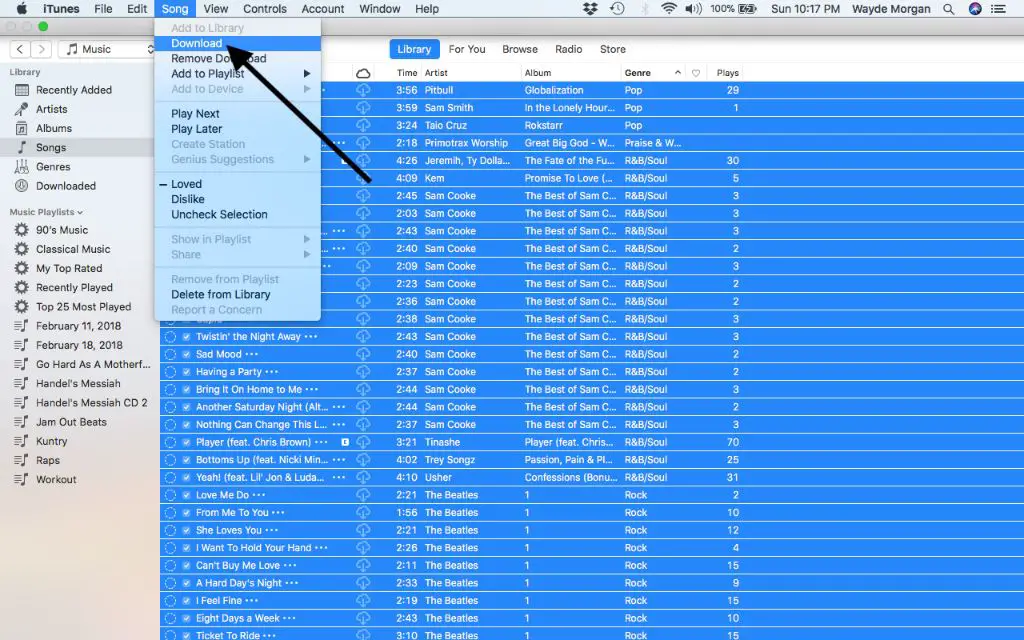 Is there a way to download all songs in iTunes library
