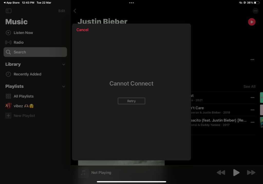 Why does Apple Music keep saying can't connect