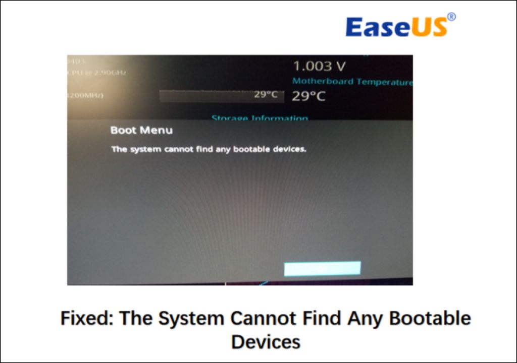 What does the system Cannot find any bootable devices mean