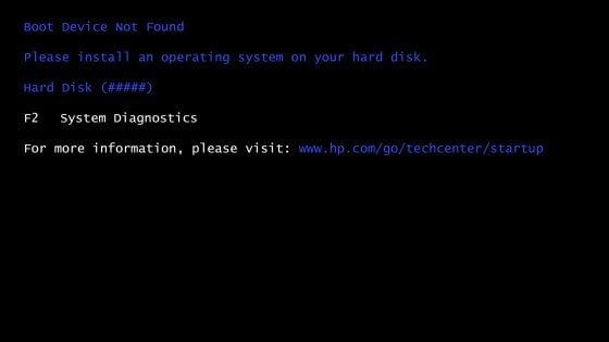 What does boot device not found mean on a HP laptop
