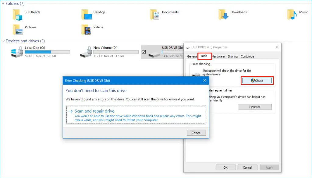 How do I fix error checking my USB drive