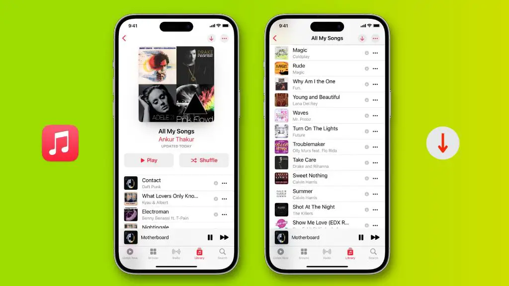 How do I download my entire music Library from Apple Music to my iPhone