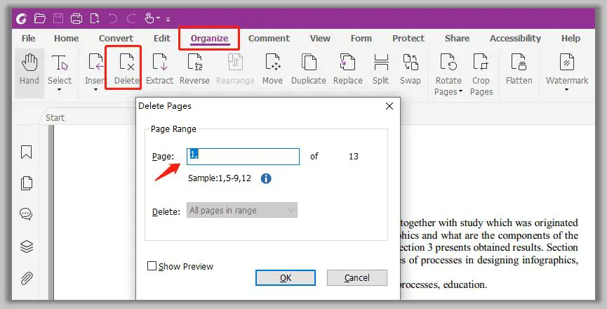 How do I delete a PDF page where no delete option is given