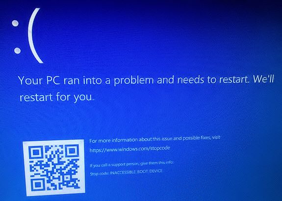 What is blue screen unacceptable boot device