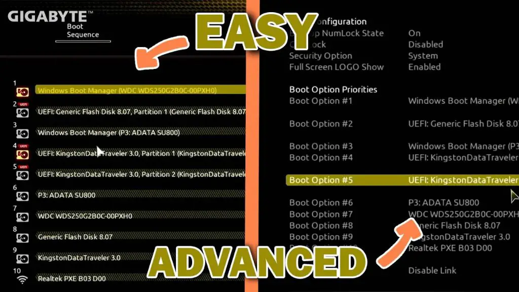 How do I change the boot device in my Gigabyte BIOS