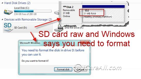 How do I fix a corrupted raw file system on my micro SD card