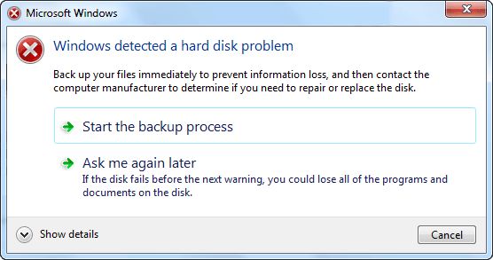 What does Windows detected a hard disk problem means