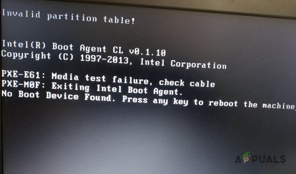 What is invalid partition table error booting USB