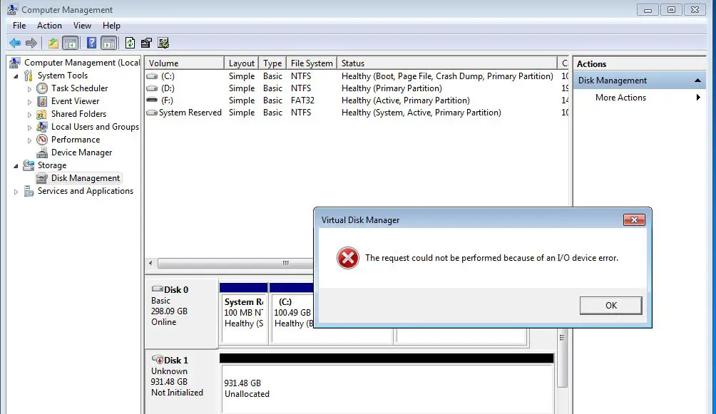 What is IO device error when initializing internal hard drive