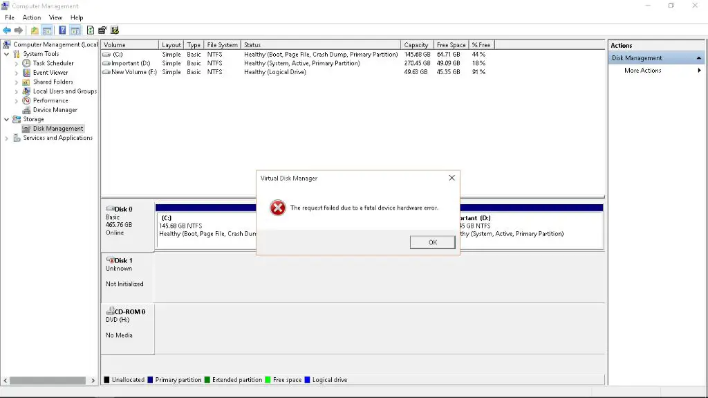 What to do if your Virtual disk Manager says Request failed due to a fatal device hardware error