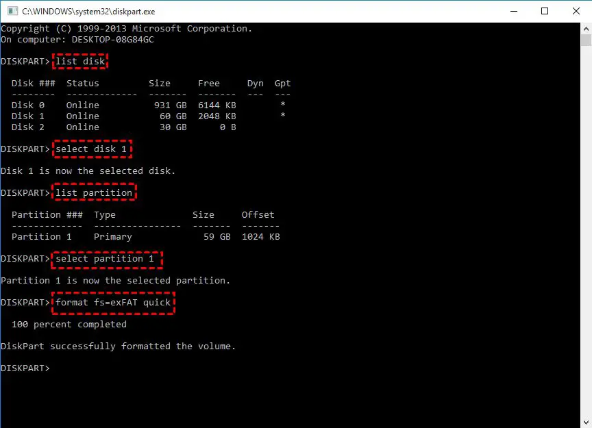 How to format a drive in exFAT in diskpart