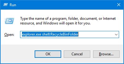 What is the Run command for Recycle Bin folder