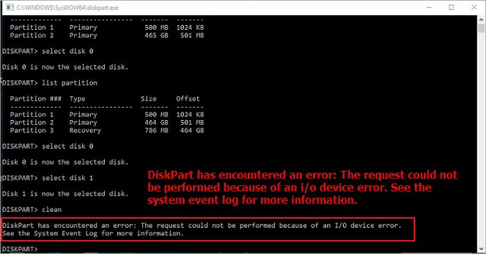 What is the error in diskpart input output