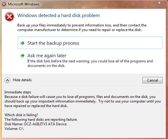 What is hard drive failure warning Windows 7