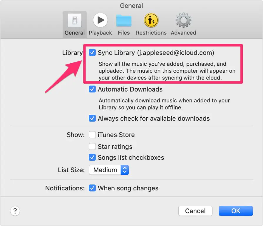 How to turn off the sync library option in Apple Music preferences