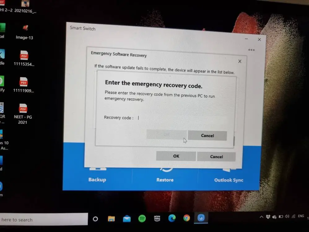 How do I find the emergency recovery code for my Samsung Smart Switch