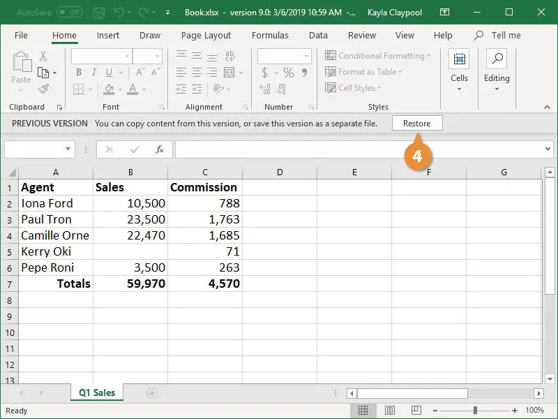 How do I restore an Excel file to its original version